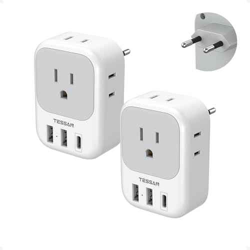 2 Pack European Plug Adapter USB C, TESSAN US to Europe Adapter 4 Outlets 3 USB Charger, Type C International Power Adaptor to Italy Spain France Portugal Iceland Germany, Europe Travel Essentials