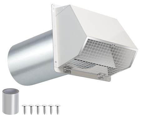 4 Inch White Hooded Exterior Dryer Vent Cover with Screen & Damper (Galvanized Steel) – Wall Mount