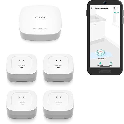 YoLink Water Leak Sensor 4-Pack with 105dB Alarm and Hub - Smart Water Detection Kit, Long-Range IoT Security System