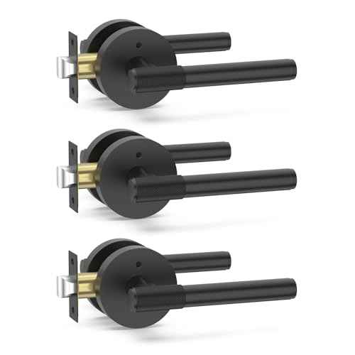 Amerdeco 3 Pack Matte Black Door Handles Interior,Knurled Privacy Door Handles with Lock,Heavy Duty Black Door Lever for Bedroom or Bathroom,Reversible Keyless for Left Right Handed Doors AM0027