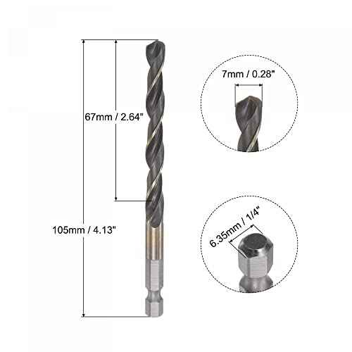 uxcell 2 Pcs High Speed Steel Hex Shank Twist Drill Bit, 7mm Drilling Dia with 1/4 Inch Hex Shank 105mm Length