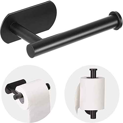 Toilet Paper Holder - Self Adhesive Toilet Paper Holder Wall Mount for Bathroom, SUS 304 Stainless Steel Command Strip Toilet Paper Roll Holder Stick On Wall, No Drilling - Matte Black