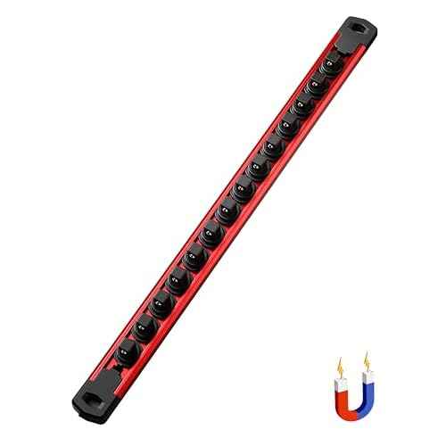 ALOANES 3/8-Inch Drive Magnetic Socket Organizer, Heavy Duty Aluminum Socket Rail Organizer, 360¡Æ Swivel Clips Socket Holder Kit for Tool Box, 3/8-Inch Socket Holder x 14 Clips (Red)