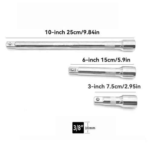 3/8" Drive Socket Extension Bar Set, Professional Socket Extension Set Include 3, 6, and 10 Inch Extensions, Premium Cr-V Steel Construction