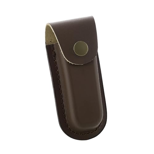 Leather Pocket Knife Sheath, 4'' Pocket Knife Pouch, Folding Knife Belt Sheath with Snap Closure and Vertical Carry Belt Loop, Knife Holster for Outdoor or Daily Use, Medium Size, Brown