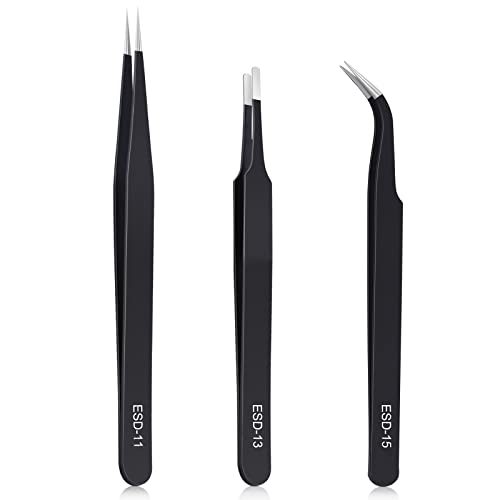 3PCS Precision Tweezers Set - Anti-Static Stainless Steel ESD Safe for Electronics & Crafts