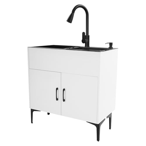 White Laundry Sink with Cabinet and Pull-Out Faucet - Double Basin Utility Sink for Garage & Bathroom
