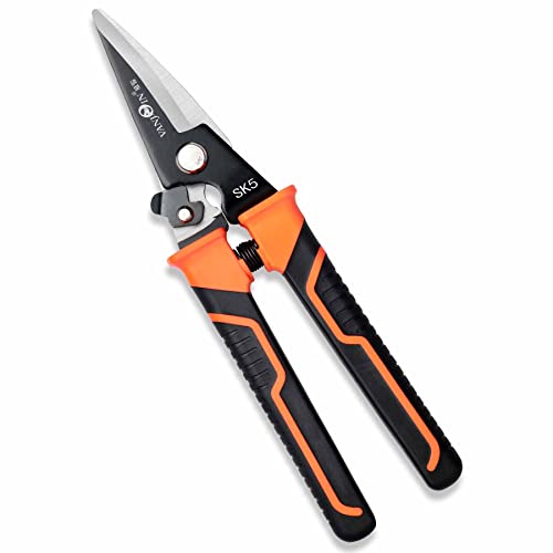 Heavy Duty Scissors, 9 Inch Multipurpose Carpet Cutting Scissors with Finely Serrated, Steel Shears Spring Loaded Snips for industry home for Copper Wire, Cardboard, Fabric, Tree Branches