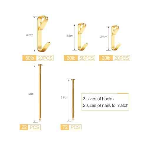 184 Pieces Picture Hanging Kit, 20lb, 30lb, and 50lb Picture Hangers, Metal Picture Hanging Hooks with Nails, on Drywall, Wooden Wall(Gold)