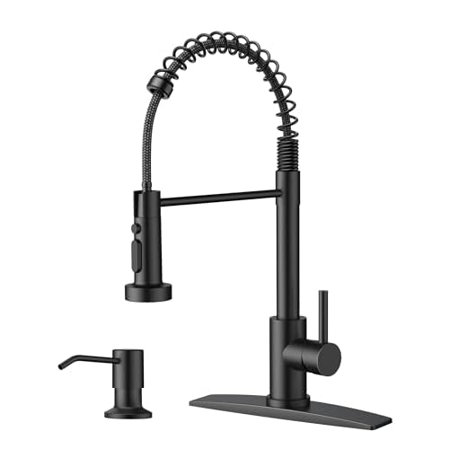 FORIOUS Black Kitchen Faucet with Soap Dispenser, Stainless Steel Single Handle Modern Spring Commercial Sink Faucet with Pull Down Sprayer for Laundry & Utility Room RV Camp Bar Farmhouse