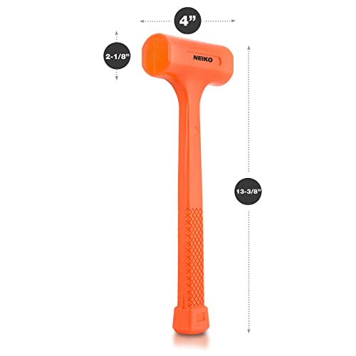 Neiko 02847A Dead Blow Hammer 2 lb Neon Orange Unibody Molded Checkered Grip