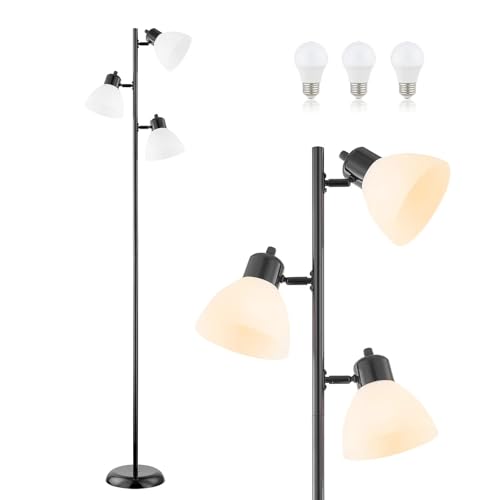 Modern Tree Floor Lamp for Living Room Bedroom, Tall Pole Standing Lamps with 3 Adjustable Rotating Heads for Office, Decor Corner, Reading Indoor, 3 Bright Lights LED Bulbs Included (Black)