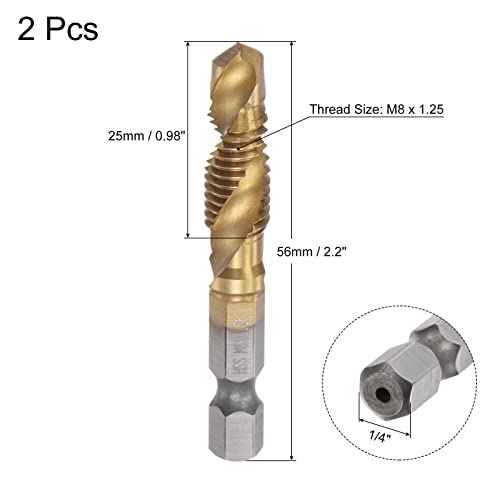 uxcell Combination Drill and Tap Bit, 1/4" Hex Shank M8 x 1.25 Metric Titanium Coated High Speed Steel 4341 Spiral Flute Drilling Tapping Tool 2pcs