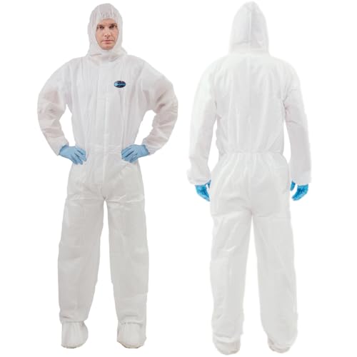 VVicogard Protective Overalls Disposable Coveralls, Front Zipper Elastic Waistband & Cuffs Ankles, SMS Isolation Coverall Suit with Hood for Hospitals, Laboratories, Medical