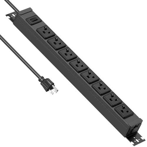 JUNNUJ Heavy Duty Power Strip Wall Mount, 20 Amp Surge Protector 1200J Metal 8 Outlet Under Desk Mounted 20A, Garage Power Table Socket Industrial Outlets 6-20R T-Slot, Black-15FT 12AWG Extension Cord