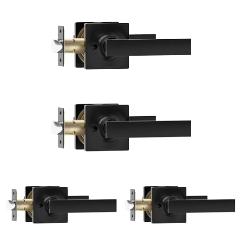Matte Black Door Handle - 4 Pack Passage Door Levers, Heavy Duty Interior Door Handles for Closet and Hallway, No-Locking Keyless Square Door Knob, Reversible for Left or Right Side Doors