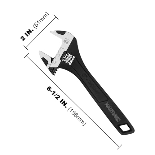 HAUTMEC 6 inch Adjustable Wrench Extra Wide Jaw Black Finish Adjustable Wrenches Drop-Forged CR-V Steel Metric & SAE Scales for Home Garage Workshop DIY