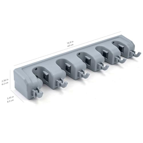 Amazon Basics Heavy Duty Wall Mount Broom and Mop Holder - 2.36 x 16.9 x 3.35 in, Gray, Tool Organizer with Hooks & Slots
