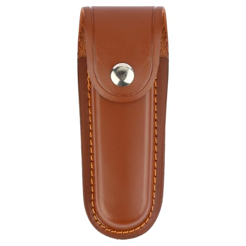 Leather Pocket Knife Sheath, 5" Folding Knife Case, Durable Multitool Holster with Snap Closure and Belt Loop, EDC Knife Pouch for Multitools, Pocket Knives, and Outdoor Activities, Brown