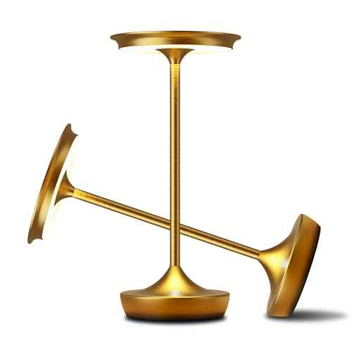 YHT Cordless Table Lamps Rechargeable, 6000mAh Battery Operated Portable LED Waterproof Lamp, 3 Color Stepless Dimming Light with Memory Function for Outdoor Dinning Patio Restaurant (Gold 2Pack)