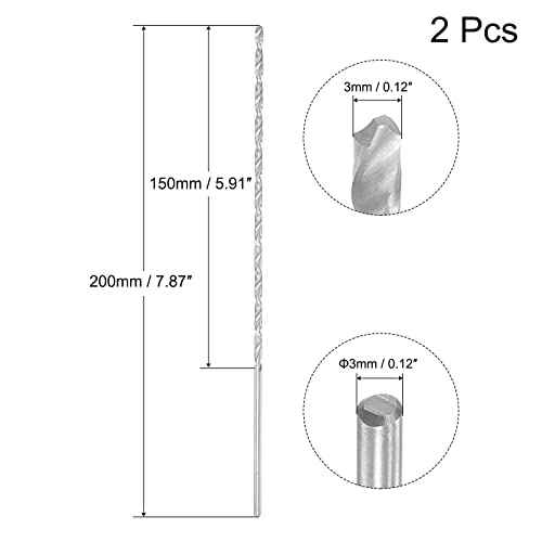 uxcell HSS(High Speed Steel) Extra Long Twist Drill Bits, 3mm Drill Diameter 200mm Length for Hardened Metal Woodwork Plastic Aluminum Alloy 2 Pcs