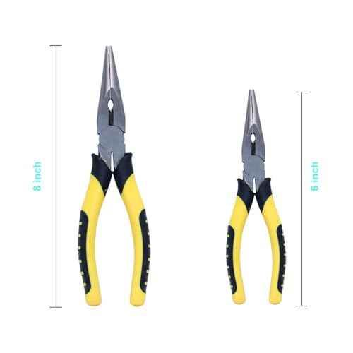 2pcs 6in & 8in Needle Nose Pliers: Paper Clamp Precision, Premium Heavy-Duty CRV Steel, Large Soft Grip with Wire Cutter,Chrome Vanadium Steel Long Nose Cutting Pliers