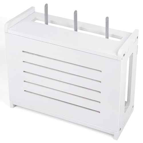 Router Shelf Wall Mount WiFi Router Storage Box Modem Cable Router Cover Organized Power Strip Cable Management Hider Rack by Solid Wood Need Assembly White