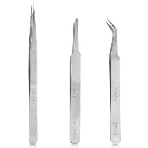 QDiShi Precision Tweezers Set,Upgraded Stainless Steel of Tweezers - Extra Fine,Angled,Blunt Tips for Electronics,Hobby, Industrial,Laboratory Work,Jewelry-Making,Model,Craft£¨3Pcs£©