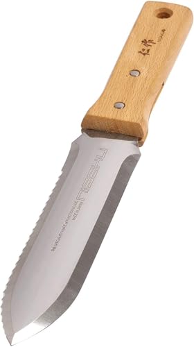 Nisaku Stainless Steel Hori Hori Weeding Knife with Wooden Handle, 7.25-Inch Blade