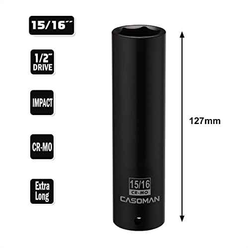 CASOMAN 1/2-Inch Drive Extra Deep Socket (15/16"), CR-MO, SAE, 6-Point, Extra Long