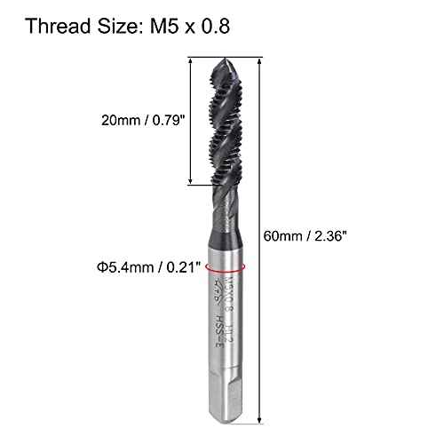 uxcell M5 x 0.8 Spiral Flute Thread Tap, Metric Machine Threading Tap HSS Nitriding Coated, Round Shank with Square End, H2 Tolerance, 2pcs