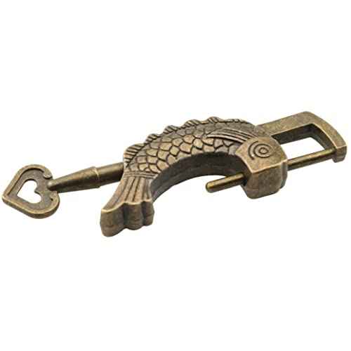 Fish Shaped Retro Padlock with Key and Tassels, Retro Antique Wooden Box Lock Alloy Jewelry Box Fish Pattern Lock