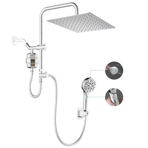 Dual Shower Head with Filter Combo,Stainless Steel 10in Rainfall Showerhead with 10in Height Adjustable Slide Bar&3-Way Diverter,Handheld Shower Head with On Off Switch&Adhesive Shower Holder