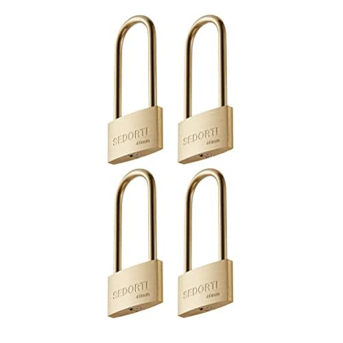 Weather Proof Lock, Keyed Alike Solid Brass Padlocks with Long Brass Shackle, Light Duty, 1-1/2" Wide Body, Marine Padlock, Anti Rust Lock, 4 Pack
