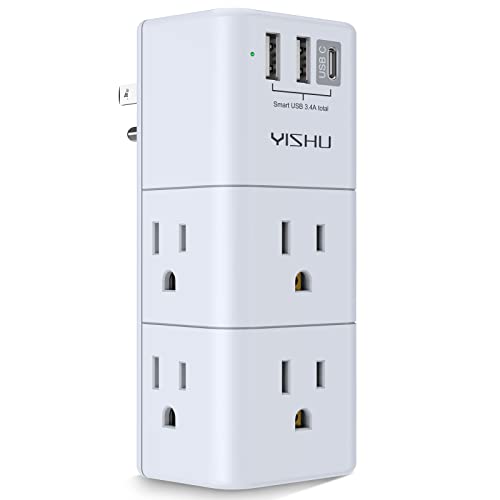 YISHU White USB Multi Plug Outlet Extender with Surge Protector & Rotating Plug