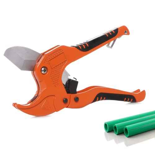 Ratchet-type Tube and Pipe Cutter for Cutting O.D. PEX, PVC, and PPR Plastic Hoses and Plumbing Pipes up to 1-5/8" inches, Ideal for Home Working and Plumbers (orange)