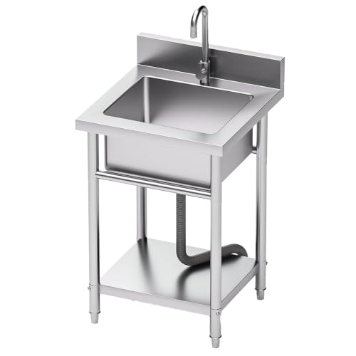 19in Stainless Steel Utility Sink with Hot & Cold Water Pipes - Free Standing Kitchen & Laundry