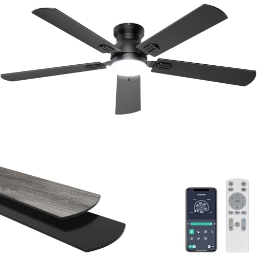 Ohniyou 52'' Black Low Profile Ceiling Fan with Lights, Remote & App Control