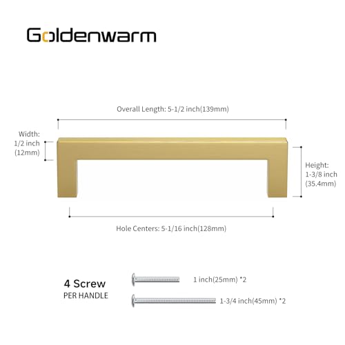 Goldenwarm 10 Pack 5 Inch Brushed Gold Cabinet Handles - Modern Kitchen Drawer Pulls