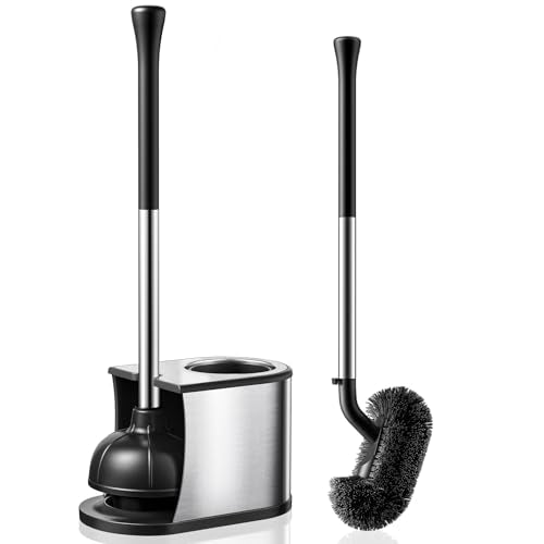 HAMITOR Silver Toilet Plunger and Brush Set 2-in-1 Stainless Steel Bathroom Cleaner