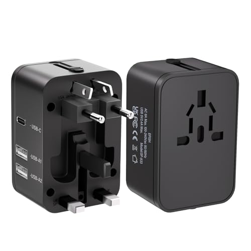 EFISH Black Travel Power Adapter with 2 USB-A + 1 USB-C, Universal Travel Plug Converter
