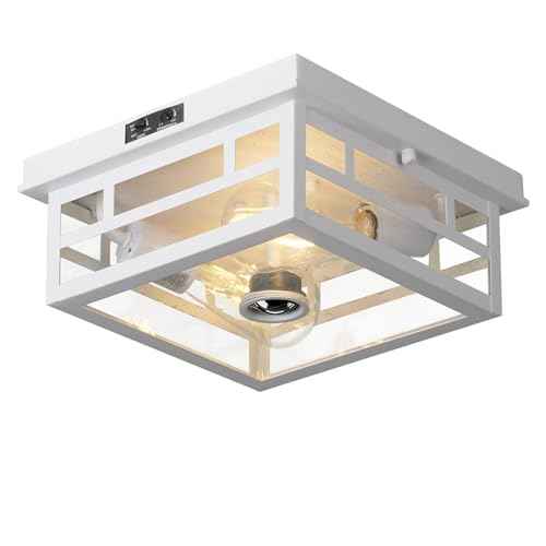 Outdoor Flush Mount Motion Sensor White Ceiling Light - Timeless Industrial Design with Seeded Clear Glass for Your Porch, Driveway, Covered Patio, Farmhouse, and Entryway