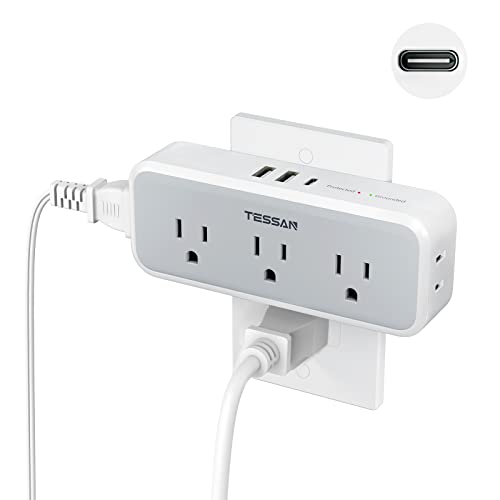 TESSAN 5 Outlets Wall Plug Extender with USB-C & Surge Protection, Grey