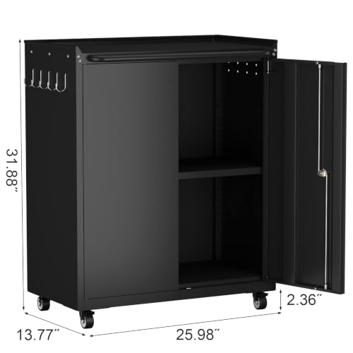 GreatMeet Black Rolling Garage Storage Cabinet with Lockable Doors, 26W x 14D x 31.88H