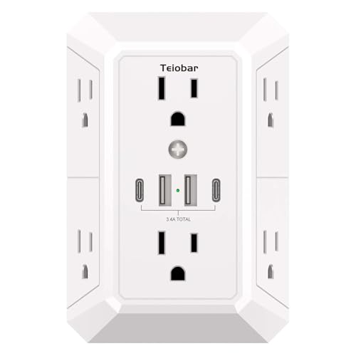 Teiobar White Wall Outlet Surge Protector with 6 Outlets & 4 USB Ports - Non-Night Light, 6-Outlets Version