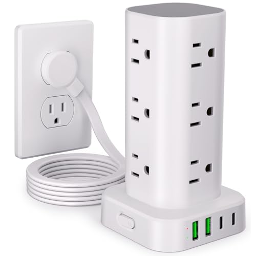 UWIWUTEI 6FT Power Strip Tower Surge Protector with 12 Outlets & 4 USB Ports - White, No Wireless Charging