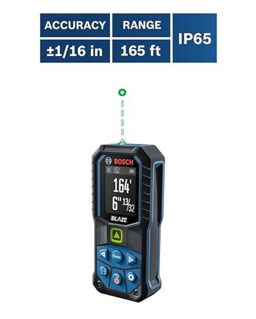 BOSCH GLM165-25G 165 Ft Blaze Green-Beam Laser Distance Measure, Includes 2 AA Batteries, Belt Clip, & Pouch