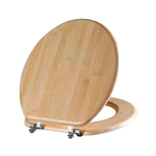 Angol Shiold Round Bamboo Toilet Seat with Zinc Alloy Hinges, Easy to Install also Easy to Clean, Natural Bamboo, Light, 16.5-inch