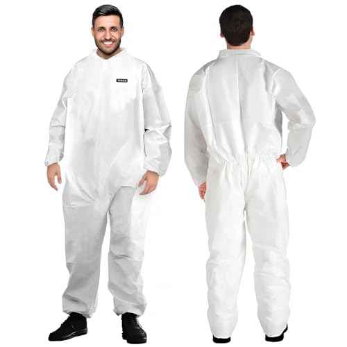 Hazmat Suit Disposable Coverall | Heavy Duty Full Body Painters Suit in 7 Sizes with Multiple Specifications for Men & Women Without Hood - Breathable & Water Resistant - Large, White, 1