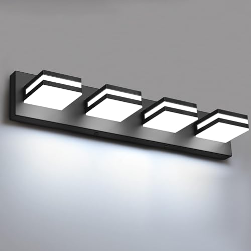 Black 4-Light Dimmable LED Bathroom Vanity Light Fixture, 360° Rotatable, Matte Acrylic Wall Mount - 24 Inch